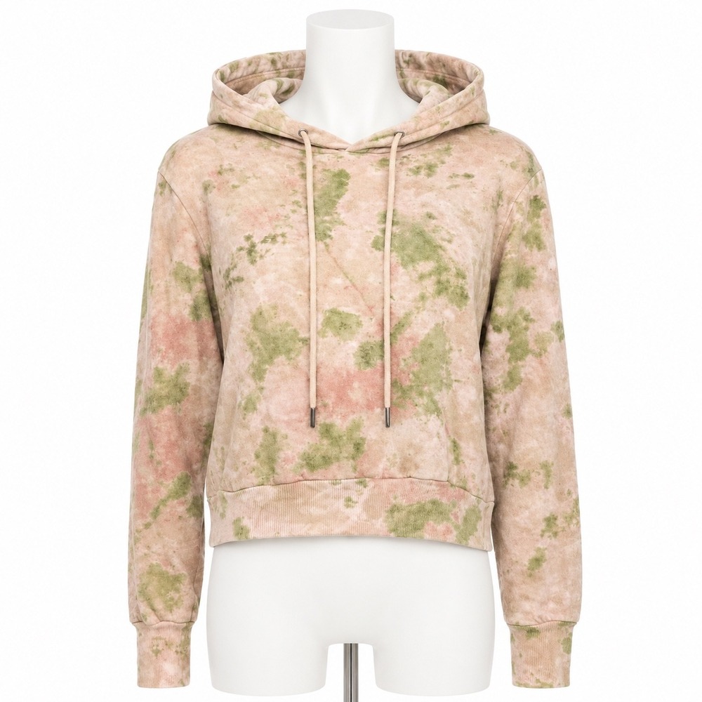 AFRM Hoodie Women XS Pink Green Tie Dye Cropped Fleece Lined Long Sleeve Hooded